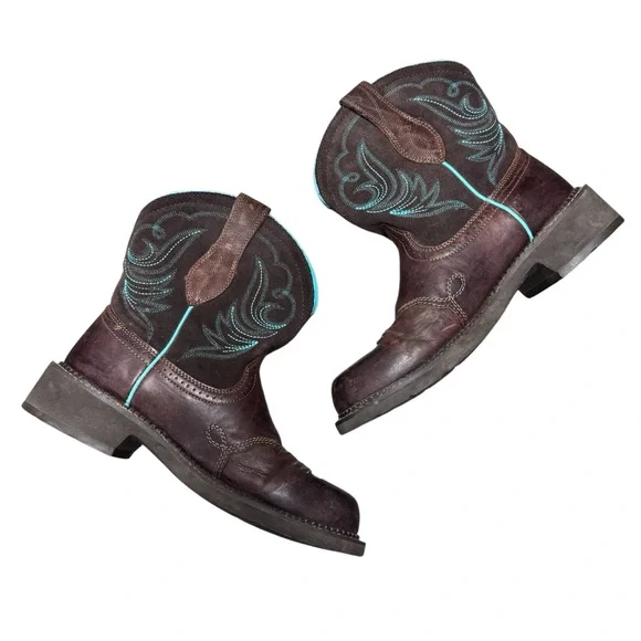 Ariat Brown Leather Western Heeled Boots with Turquoise Stitching - Picture 5 of 16
